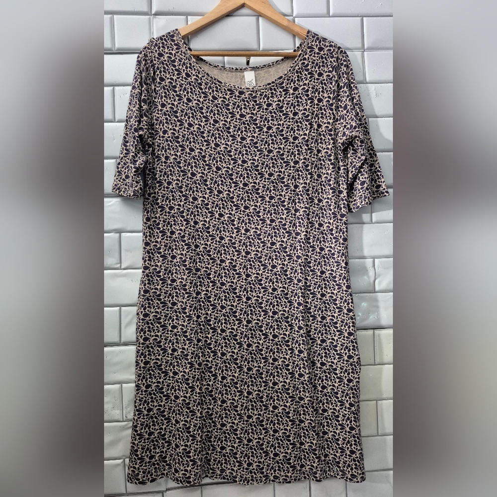 Yala Ladies Beige Black Motif Print Short Sleeve Tunic Sheath Style Dress Pocket